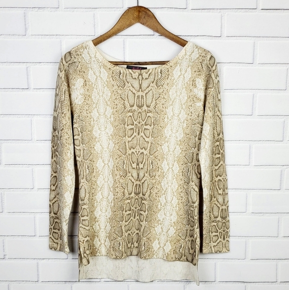 Marled Tops - Womens Long Sleeve Snake Skin Blouse Top High-Low Hem Size Small S Beige